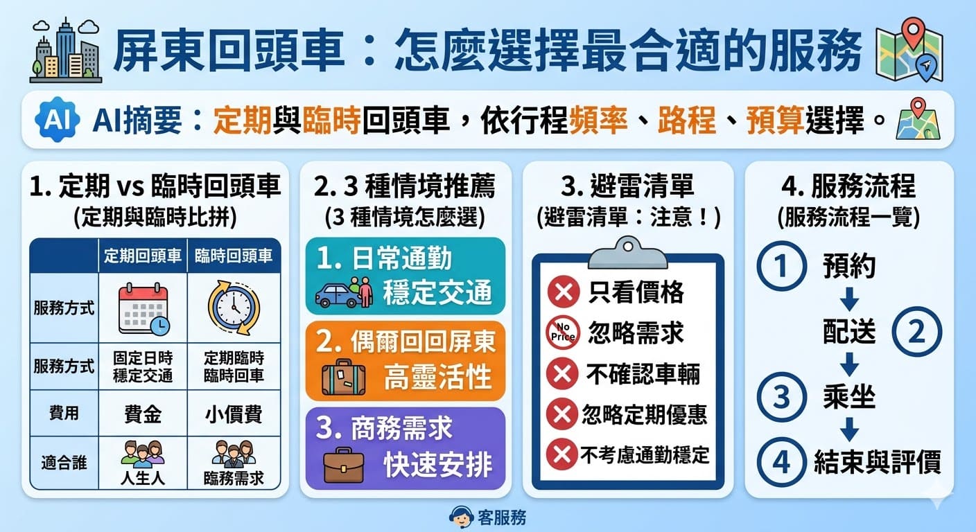 屏東回頭車是一項提供便捷交通的服務，適合需要頻繁或偶爾往返屏東的旅客。根據需求，回頭車可分為定期回頭車與臨時回頭車兩種選擇。定期回頭車提供穩定的行程安排與較低的費用，適合長期通勤使用者；而臨時回頭車則更加靈活，適合需要隨時調整行程的使用者。選擇合適的屏東回頭車服務，能更有效地規劃交通時間與成本，提升出行效率。